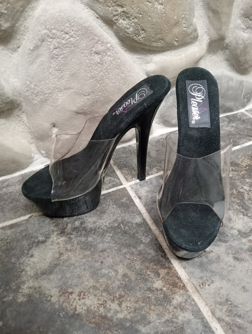 Pleaser Black Platform Heels with Clear PVC Strap
